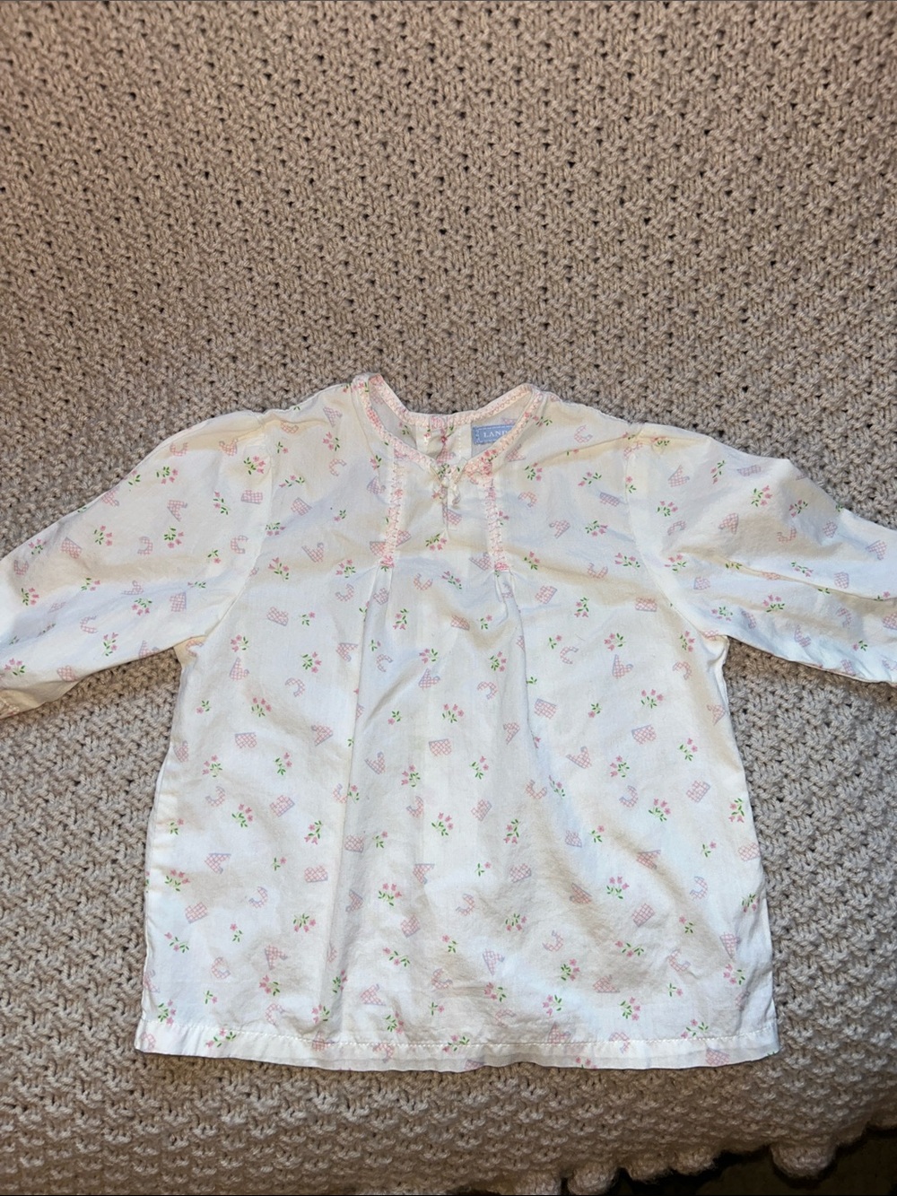 Lands' End White Long-Sleeve Top with Pink and Green Floral Print